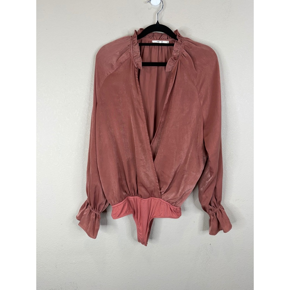 Tularosa Dusty Rose Satin Surplice Ruffle Neck Bodysuit Small Bell Sleeve Mauve